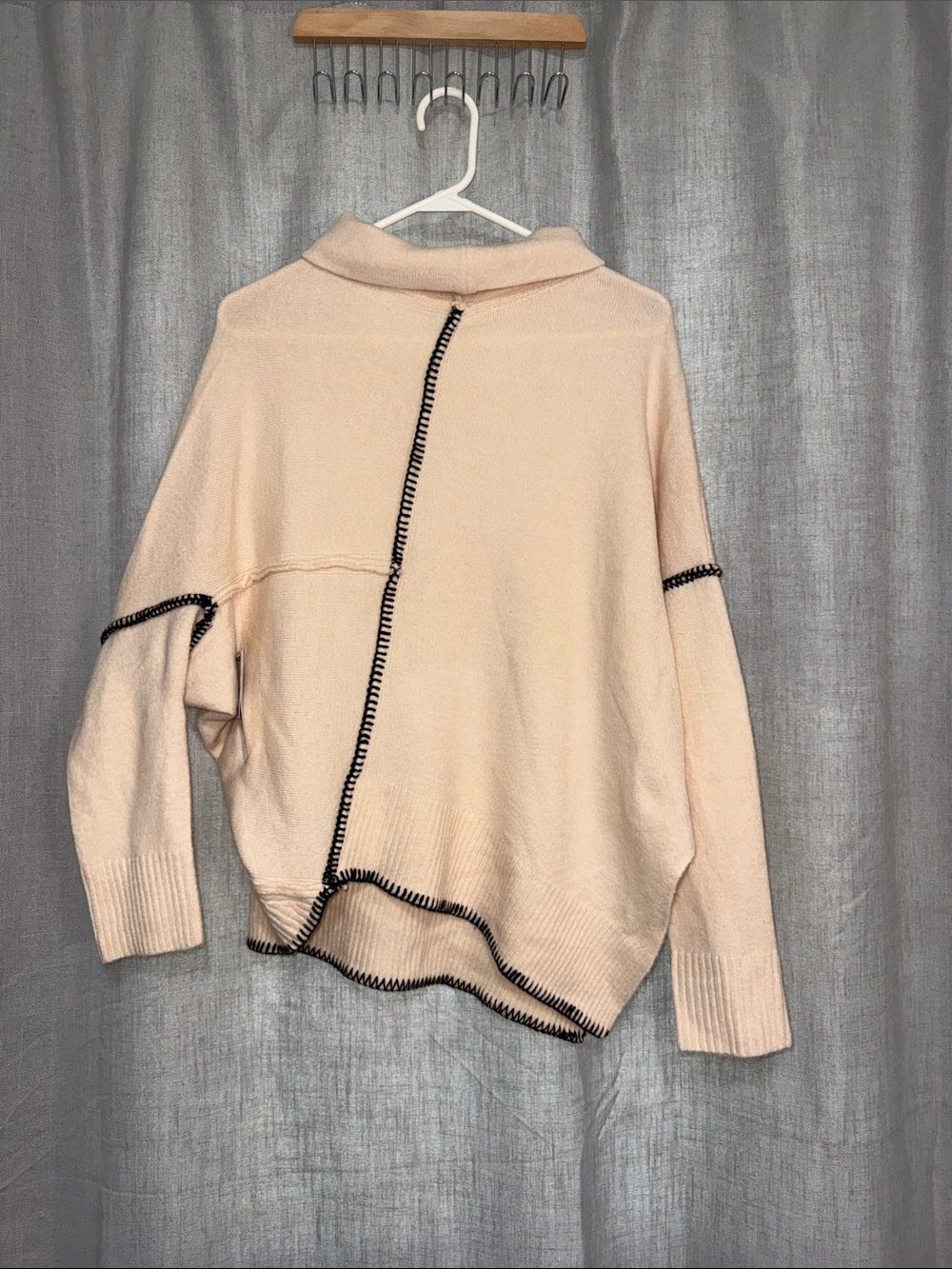 Revel Asymmetrical Contrast Stitch Turtleneck Sweater - Cream & Black Boho New